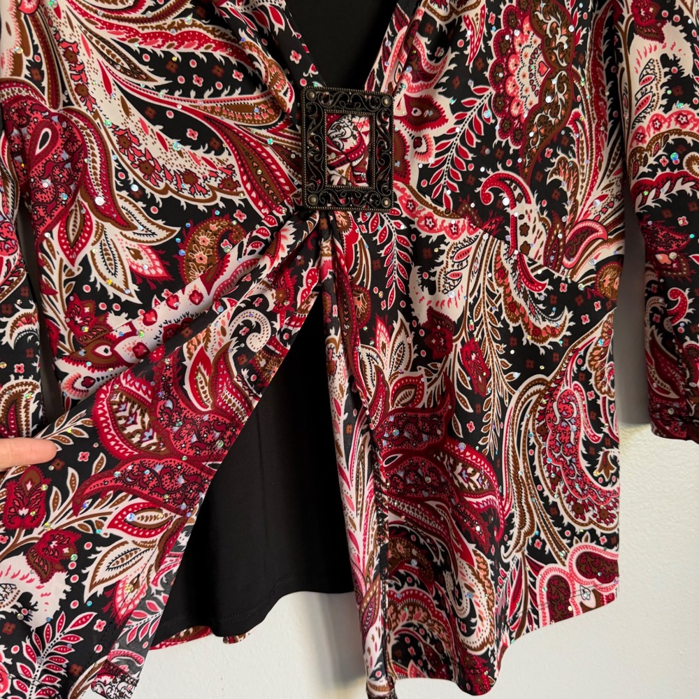 Y2K Whimsigoth Witchy XL Red Paisley Sequin Layered Buckle Top 3/4 Sleeve Blouse - Picture 3 of 8
